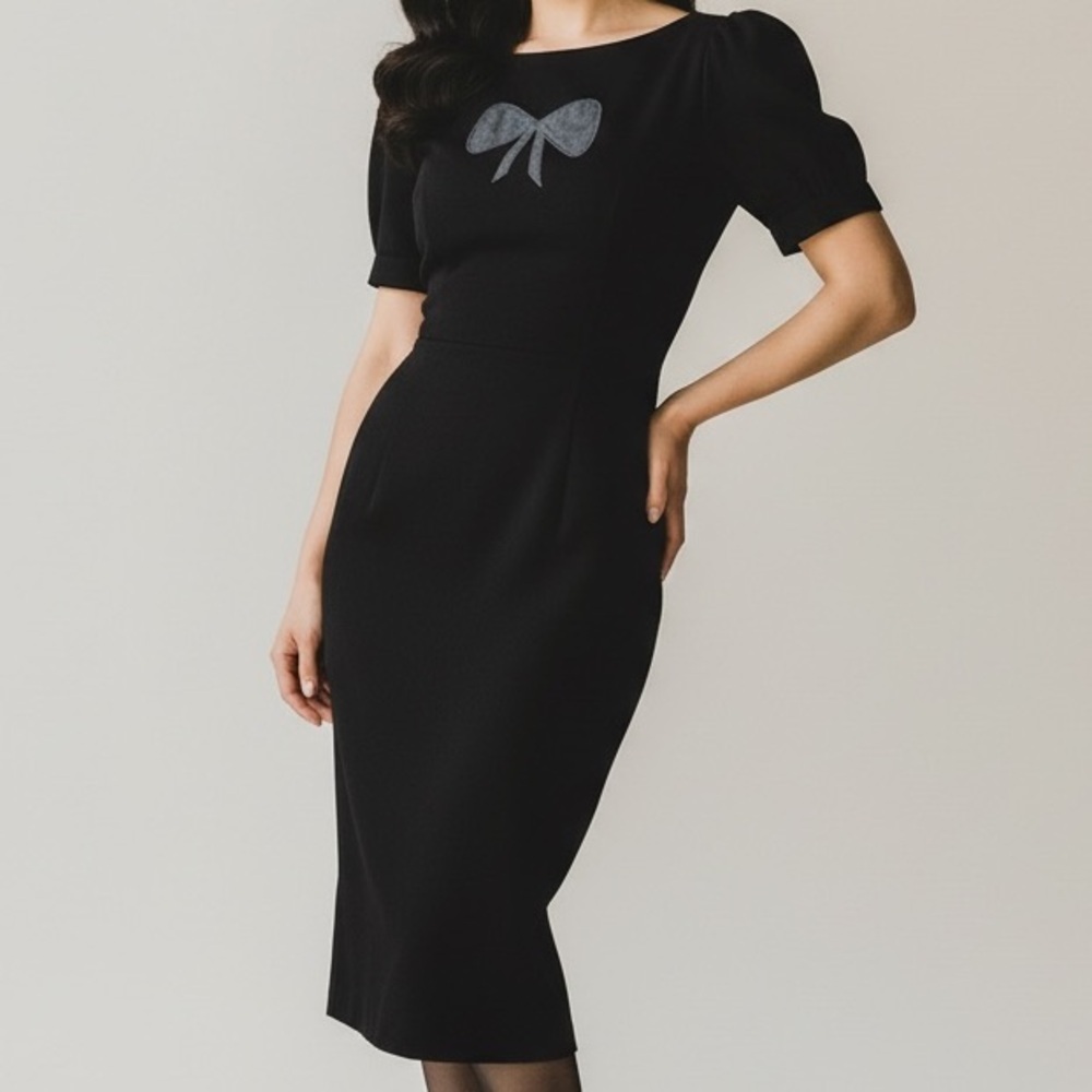 vintage Retro coquette Black white bow Twee poof sleeves midi dress pin up girl